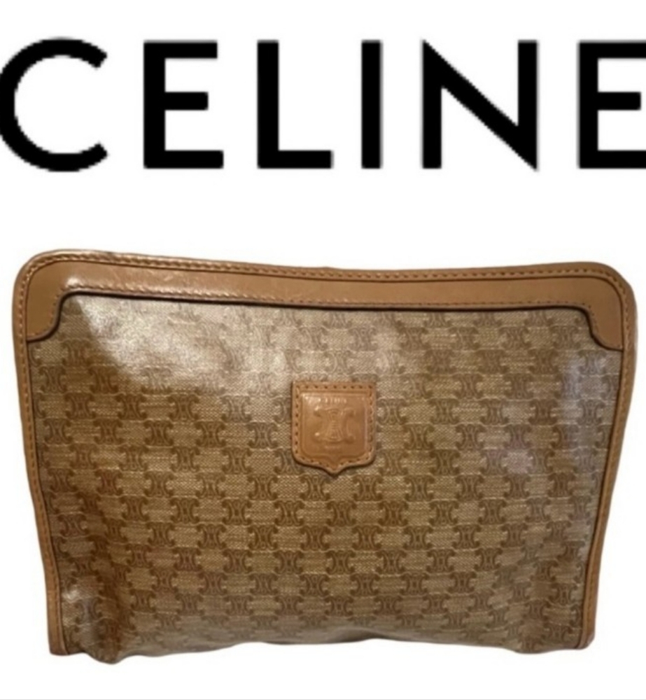 CELINE Macadam Italy M03 Large Leather Carmel Clutch Cosmetic Bag Monogram EUC - Picture 2 of 10